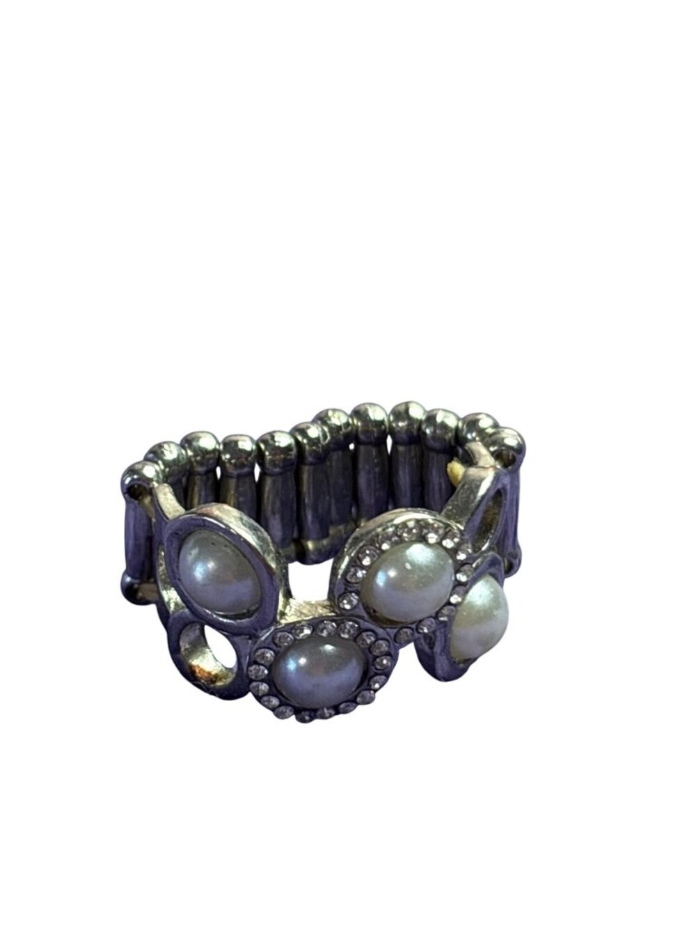 Vintage Silvertone Stretchy Ring Faux Pearl Cabochon Clear Rhinestones